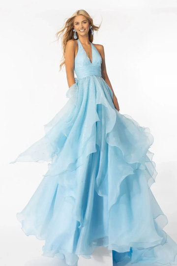 Dreamy A-line Princess Halter Deep V Sleeveless Organza Layered Ruffled Prom Dress
