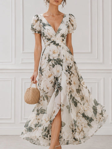 Floral A-line V-neck Puff Sleeve Low Back Midi Bridesmaid Dress
