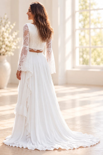 Vedress two-piece wedding dress with a covered lace back, scalloped crop top hem and an A-line skirt with a back zipper and train, back view