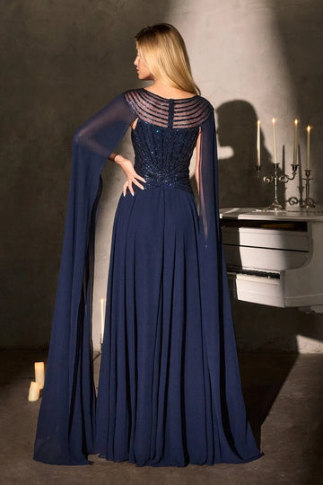 Elegant A-Line Bateau Neck Cape Sleeve Chiffon Evening Dress Beaded Mother-of-the-Bride Gown