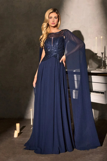 Elegant A-Line Bateau Neck Cape Sleeve Chiffon Evening Dress Beaded Mother-of-the-Bride Gown
