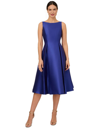 Elegant A-Line Bateau Neck Sleeveless Satin Wedding Guest Dress Midi Cocktail Dress with Pleat