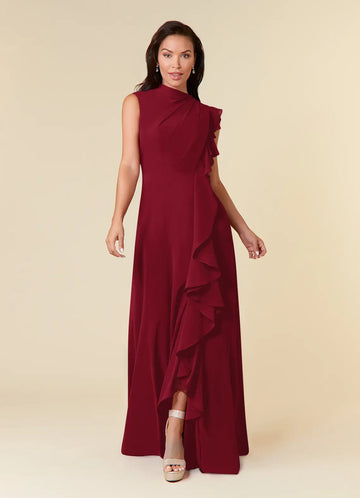 Elegant A-line High-neck Sleeveless Chiffon Wedding Guest Dress Cascading Ruffle Evening Bridesmaid Gown