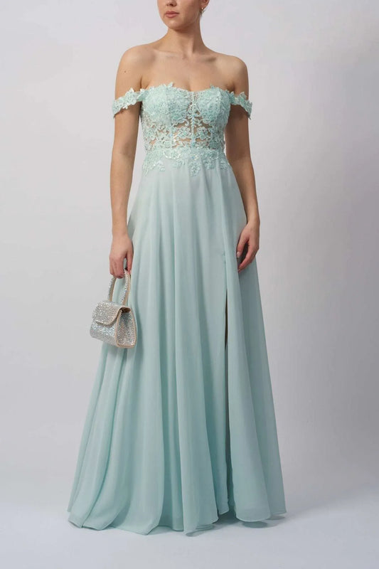 A-Line Off Shoulder Short Sleeve Chiffon Lace Formal Gown Prom Dress