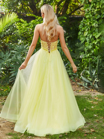 Elegant A-line Princess Sweetheart Strapless Tulle Lace Corset Side Slit Prom Dress