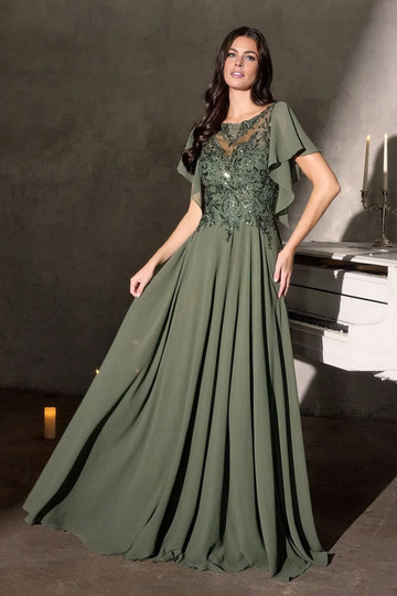 Elegant A-Line Round-Neck Cape-Sleeve Chiffon Floor-Length Beaded Mother-of-the-Bride Gown