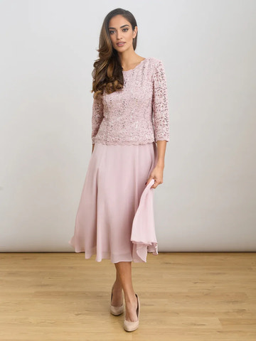 Elegant A-Line Round Neck Sequin Lace Midi Length Mother of the Bride Dress