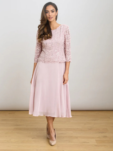 Elegant A-Line Round Neck Sequin Lace Midi Length Mother of the Bride Dress