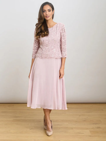 Elegant A-Line Round Neck Sequin Lace Midi Length Mother of the Bride Dress
