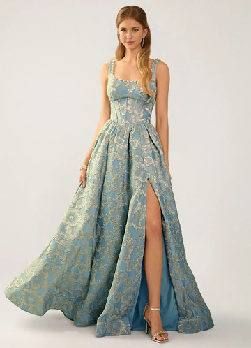 Elegant A-line Scoop Neck Sleeveless Jacquard Floor-length Pearl Slit Corset Evening Dress