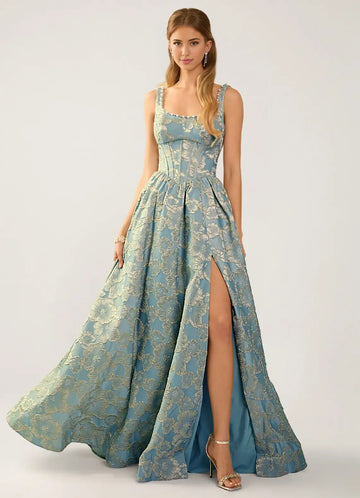 Elegant A-line Scoop Neck Sleeveless Jacquard Floor-length Pearl Slit Corset Evening Dress