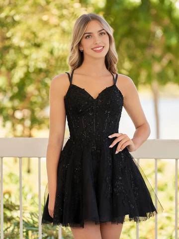 Elegant A-Line Sweetheart Neck Lace Tulle Short Lace-Up Homecoming Dress