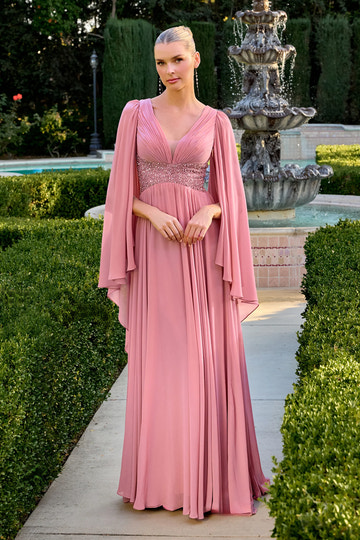 Elegant A-Line V-Neck Cape Sleeve Chiffon Floor-Length Beaded Waist Evening Gown