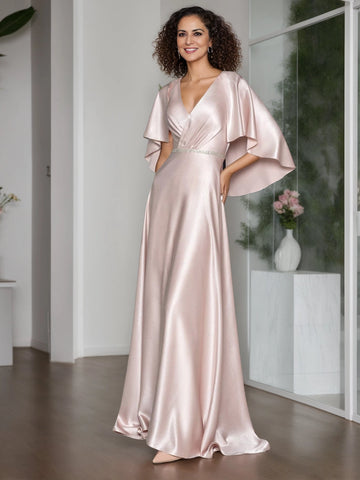 Vedress blush satin mother of the bride dress,deep v‑neck,flowy cape sleeves,beaded waistband,side pockets long gown