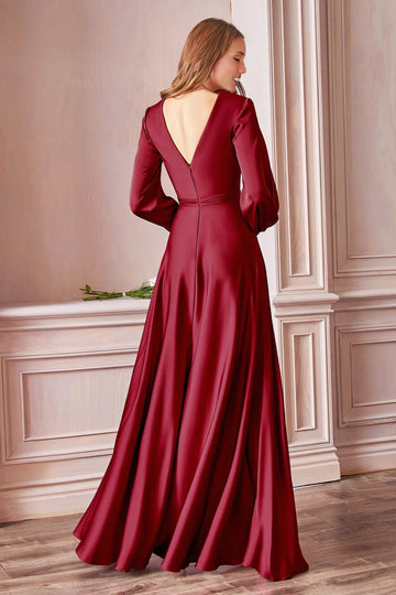 Elegant A-line V-neck Long Sleeve Satin Floor-length Slit Pleated Evening Dress