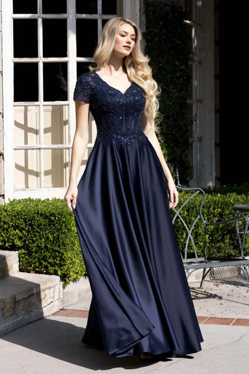 Elegant A-Line V-Neck Short Sleeve Beaded Lace Satin Mother of the Bride Dress Evening Gown with Pockets