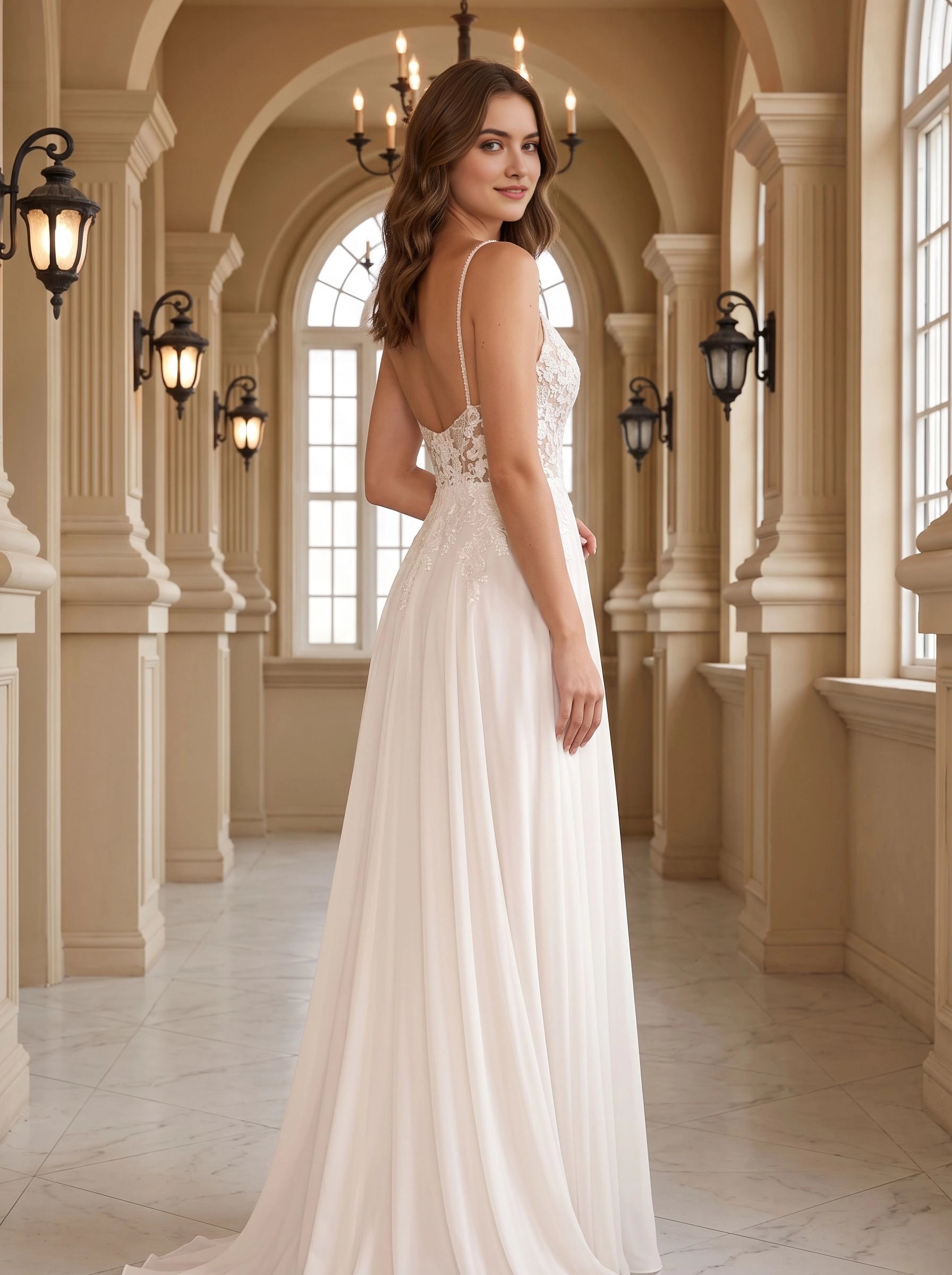 Back view of Vedress low‑back lace wedding gown, thin straps, flowy chiffon long skirt