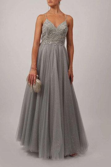 Elegant A-Line Tulle Embroidered V Neck Spaghetti Strap Open Back Floor Length Prom Gown