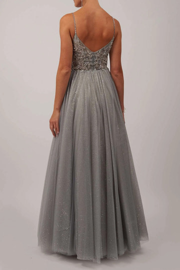 Elegant A-Line Tulle Embroidered V Neck Spaghetti Strap Open Back Floor Length Prom Gown