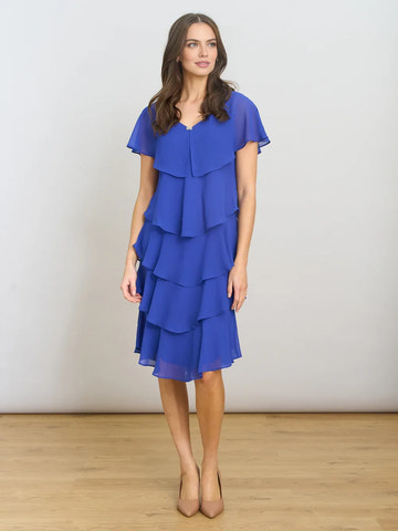 Elegant A-Line V-Neck Tiered Chiffon Knee Length Mother of the Bride Dress