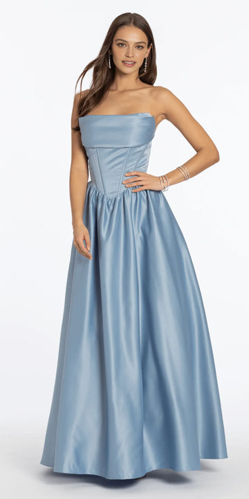 Light blue strapless satin ball gown with corset bodice, boning detail, full gathered skirt, and floor length formal design by VEDRESS