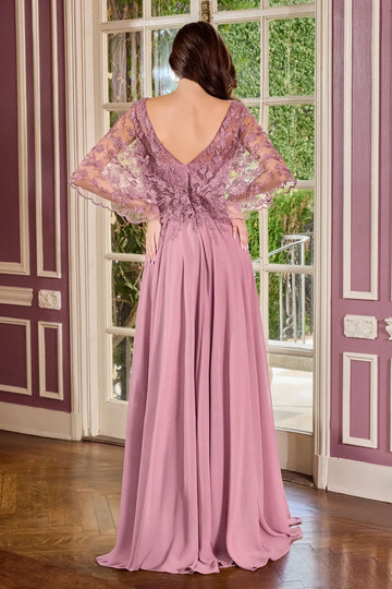 Elegant Cape Sleeve V Neck Chiffon Mother of the Bride Gown