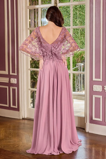 Elegant Cape Sleeve V Neck Chiffon Mother of the Bride Gown
