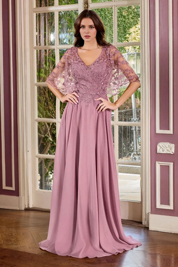 Elegant Cape Sleeve V Neck Chiffon Mother of the Bride Gown