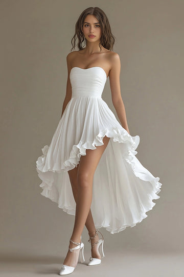 Front view of white strapless sweetheart high low Prom Dress with A-line ruffle skirt by Vedress