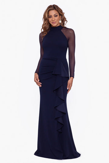 Elegant Mermaid High Neck Mesh Sleeve Ruffle Maxi Gown Mother of the Bride Dress