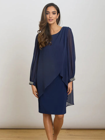 Elegant Round Neck Beaded Chiffon Knee Mother of the Bride Dress Formal Evening Gown