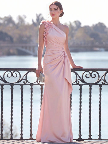 Vedress elegant satin sheath evening dress with asymmetrical one shoulder neckline, 3D floral appliques, draped waist, and floor-length skirt, front view