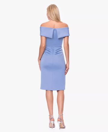 Sheath Off-the-Shoulder Short Sleeve Wedding Guest Dress Crepe Midi Cocktail Dress with Ruffle