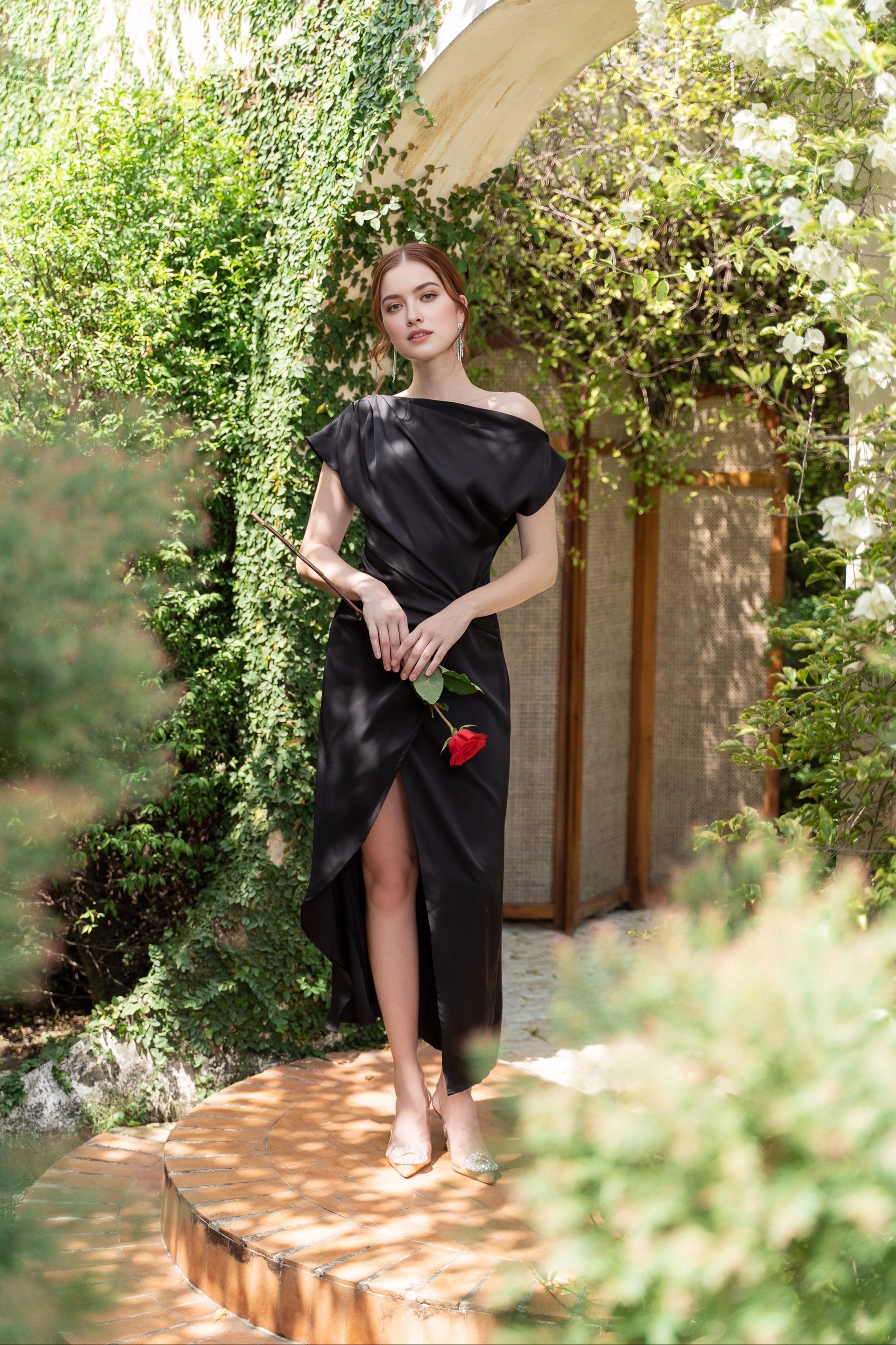 Vedress black satin off‑the‑shoulder prom dress high front slit for formal party