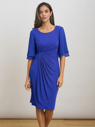 Elegant Round Neck Ruched Flutter Sleeve Knee Length Chiffon Mother of the Bride Dress