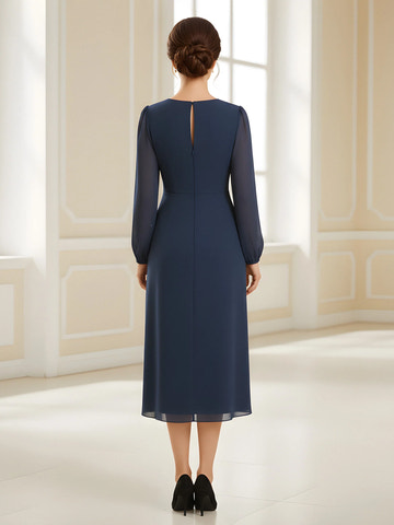 Elegant Sheath V-Neck Long-Sleeve Chiffon Midi Rhinestone-Waist Mother of the Bride Dress