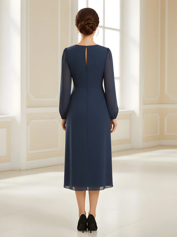 Elegant Sheath V-Neck Long-Sleeve Chiffon Midi Rhinestone-Waist Mother of the Bride Dress