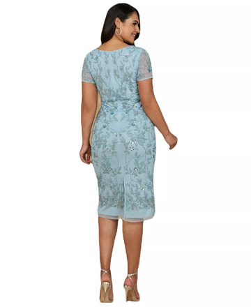 Elegant Sheath V-Neck Short Sleeve Mesh Midi Cocktail Dress with Beaded Floral Embroidery