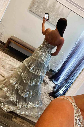 Elegant Silver One-Shoulder Lace Ruffle Mermaid Prom Gown