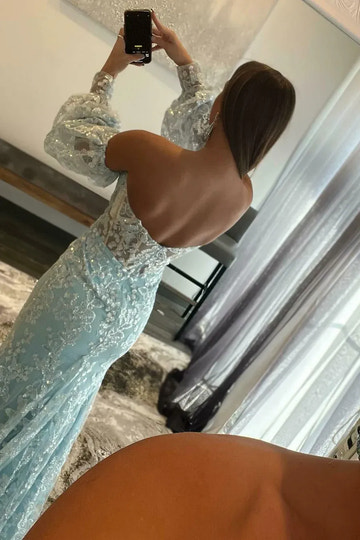 Elegant Sky Blue Off-Shoulder Lace Mermaid Prom Gown