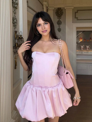 Elegant Structured Strapless Sleeveless Satin Mini Homecoming Dress Bubble Hem Party Dress