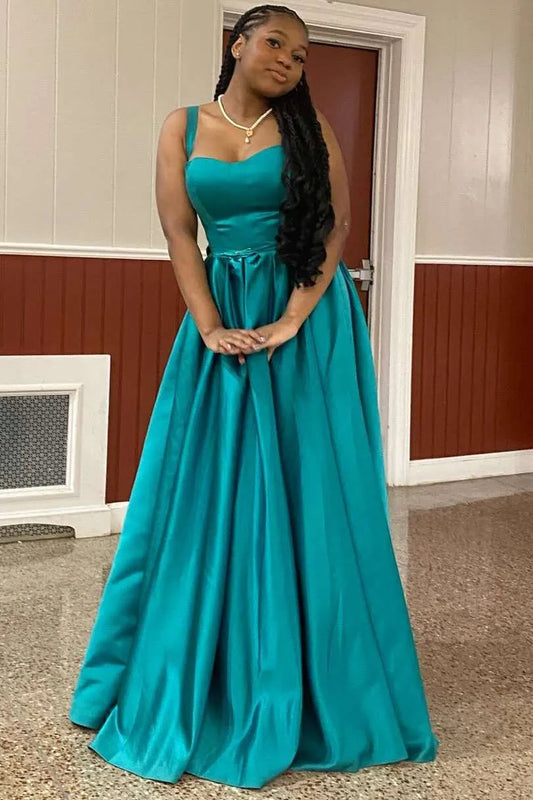 Elegant Teal Satin One-Shoulder Ball Gown with Satin Bow Prom Dress
