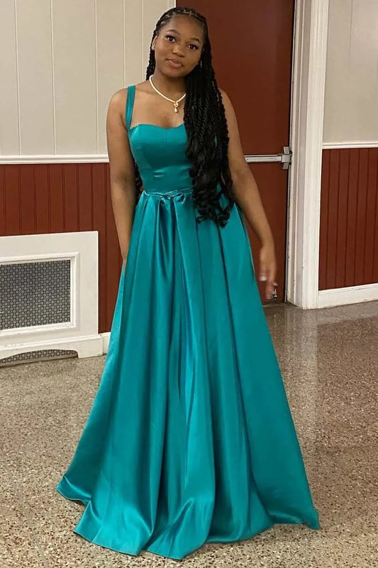 Elegant Teal Satin One-Shoulder Ball Gown with Satin Bow Prom Dress