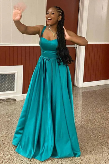 Elegant Teal Satin One-Shoulder Ball Gown with Satin Bow Prom Dress