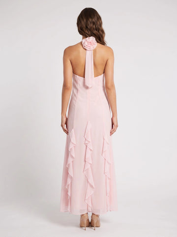 Blush pink chiffon wedding guest dress halter sleeveless 3d flower tie open back a‑line floor‑length formal gown by Vedress