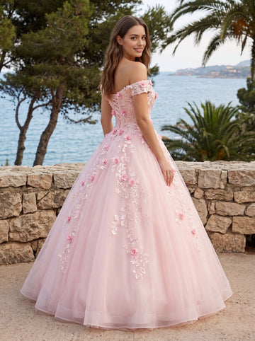 Blush pink tulle a‑line floor‑length prom dress off‑the‑shoulder 3d rose floral applique corset lace‑up back formal gown by Vedress