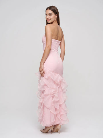Pink strapless mermaid prom dress sleeveless layered ruffled organza skirt zipper back floor‑length formal gown by Vedress
