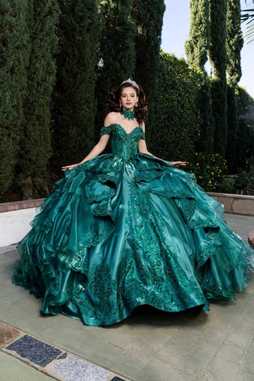 Emerald green ruffled satin Quinceañera ball gown with off-shoulder neckline