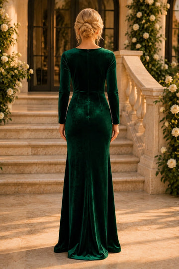 Back view of emerald green velvet mother of the bride dress featuring a high round neckline, center zipper, long sleeves and floor-length sheath silhouette