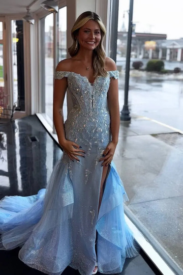 Enchanting Light Blue Off Shoulder Glitter Mermaid Prom Gown